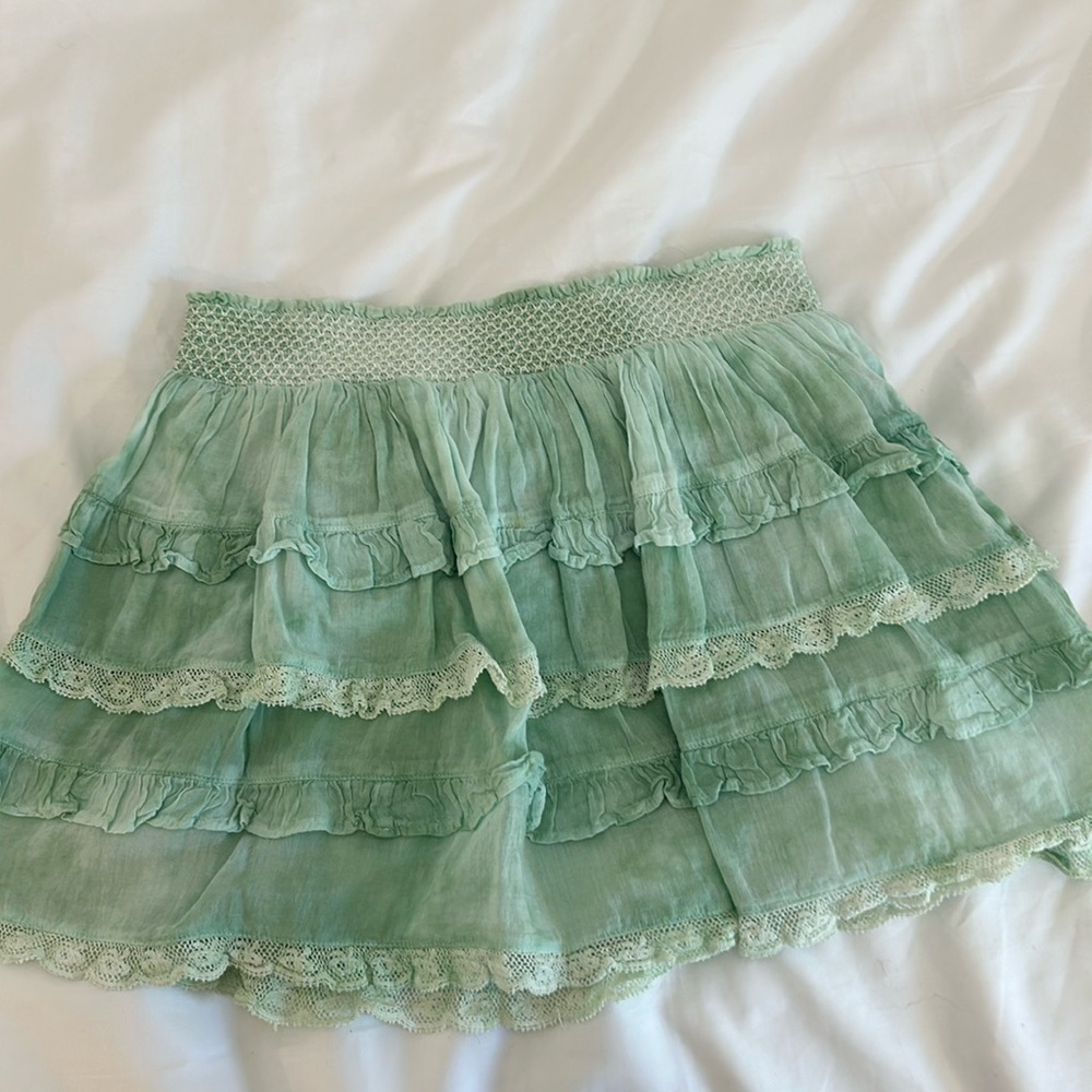 Loveshackfancy kids 12Y green and white tie dye ruffle skirt with lace.